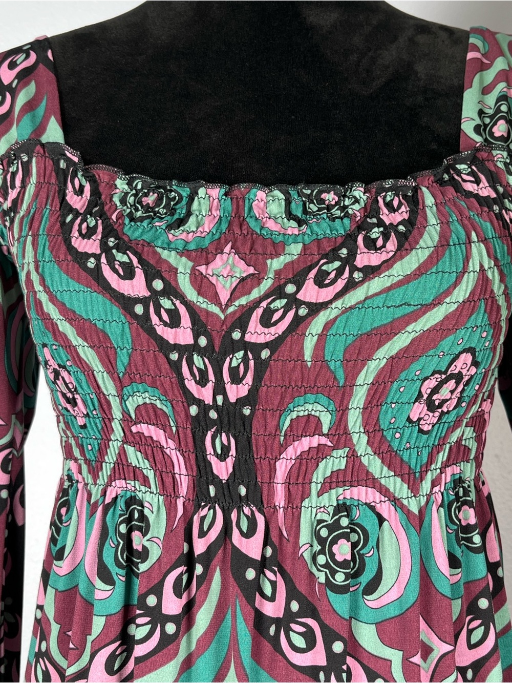 Bisou Bisou Y2K Dress Boho Paisley Smocked Retro Mod Jersey Teal Pink Stretchy - Picture 7 of 7